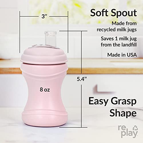 Re-Play 8oz Transition Sippy Cups for Baby Toddler, Medical Grade Silicone Soft Spout & Travel Lid, Easy to Hold Hourglass Shape, Made in USA from Recycled Milk Jugs - Ice Pink/Leaf