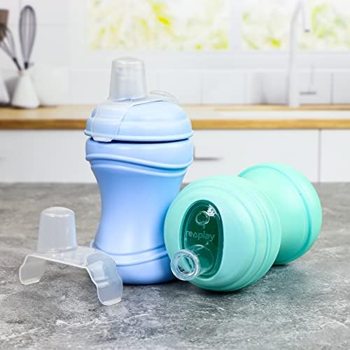 Re-Play 8oz Transition Sippy Cups for Baby Toddler, Medical Grade Silicone Soft Spout & Travel Lid, Easy to Hold Hourglass Shape, Made in USA from Recycled Milk Jugs - Ice Blue/Mint