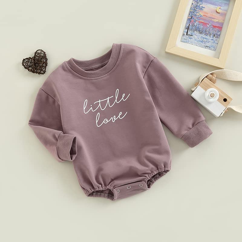 FYBITBO Baby Girl Boy Crewneck Sweatshirt Bubble Romper Long Sleeve Shirt Onesie Valentines Day Outfit Fall Clothes (Little Love Pale Purple,0-3 Months)