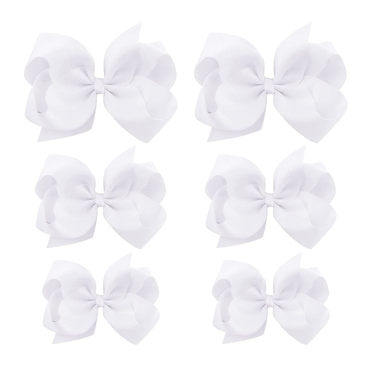 White Hair Bows For Girls and Toddler - 6 pcs White Bow 6 inch ×2, 4 inch ×2, 3 inch ×2