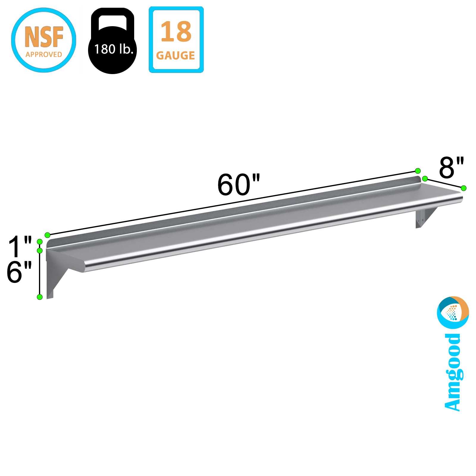 AmGood 8" X 60" Stainless Steel Wall Shelf | Metal Shelving | Garage, Laundry, Storage, Utility Room | Restaurant, Commercial Kitchen | NSF