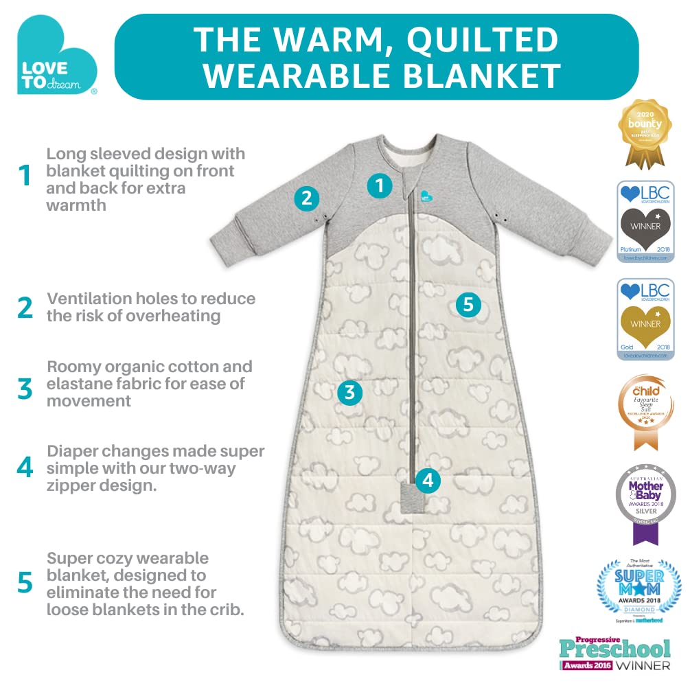 Love to Dream Warm Baby Sleep Bag (18-36 Mo), Super Soft Temp Regulating Sleeping Sack, 2.5TOG Warm Wearable Blanket, Grey