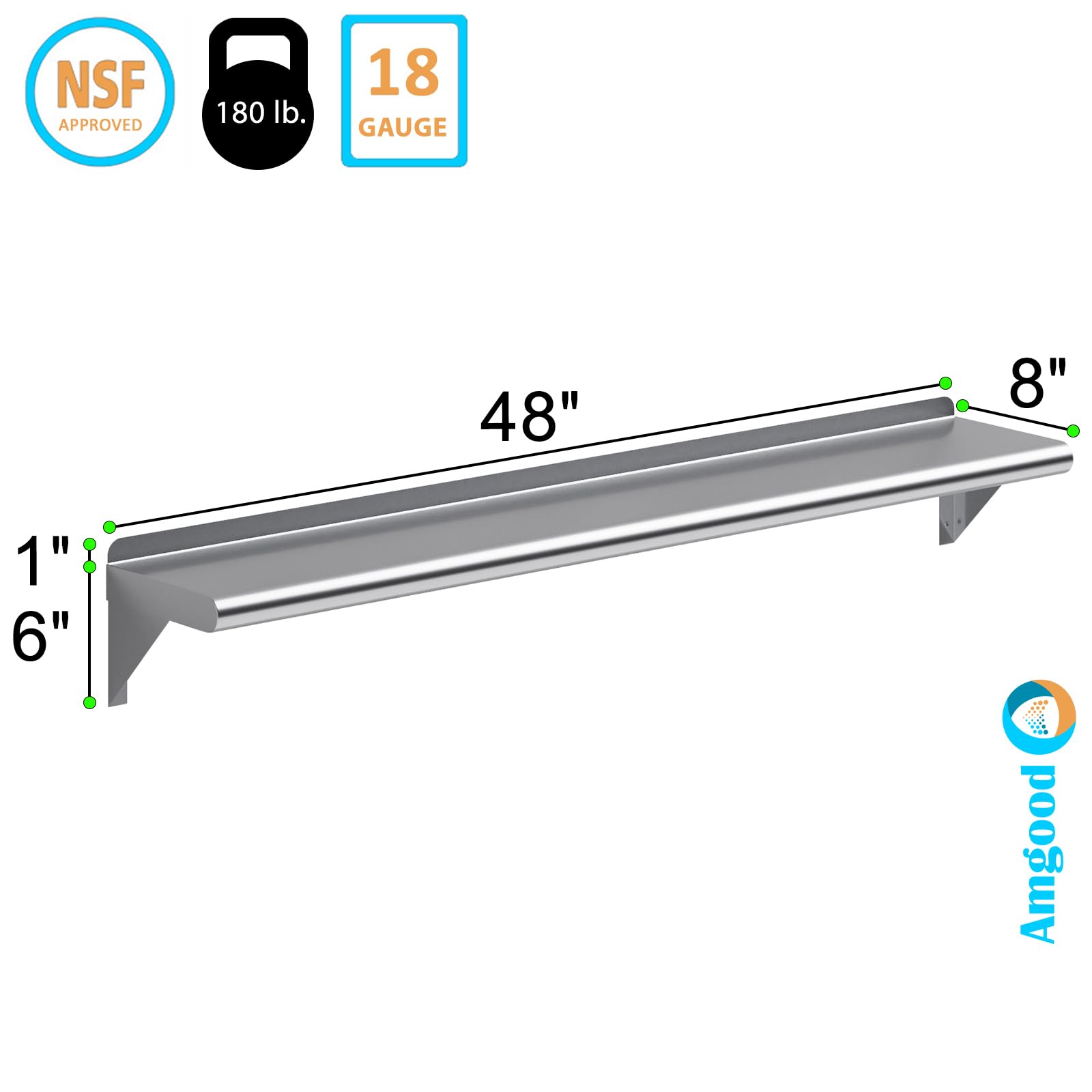 AmGood 8" X 48" Stainless Steel Wall Shelf | Metal Shelving | Garage, Laundry, Storage, Utility Room | Restaurant, Commercial Kitchen | NSF