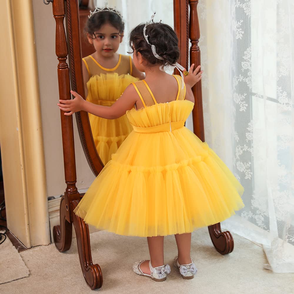 12M-6T Baby Girls Christmas Ruffle Ball Tutu Gown Wedding Party Lace Dresses Yellow 110