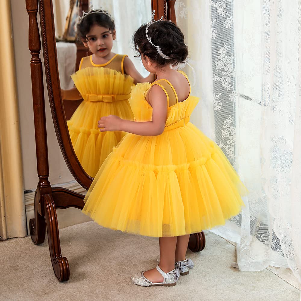 12M-6T Baby Girls Christmas Ruffle Ball Tutu Gown Wedding Party Lace Dresses Yellow 110