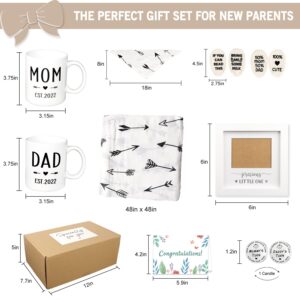 Pregnancy Gifts for New Parents Est 2023- New Mom Gifts Basket for Pregnancy Announcement, Baby Shower - Mom & Dad Mugs, Decision Coin, Ultrasound Frame, Swaddle Blanket, Bib, Socks