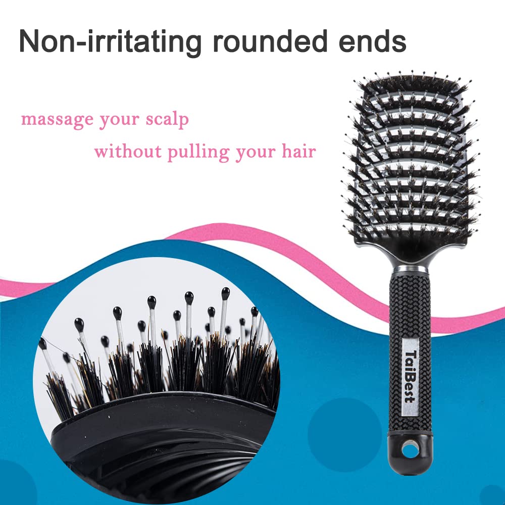 TaiBest Boar Bristle Hair Brush Set - Dry/Wet Hair Brush Detangler for Fine, Thick, Curly Hair - Curved and Vented Hair Brush for Women, Men or Kids