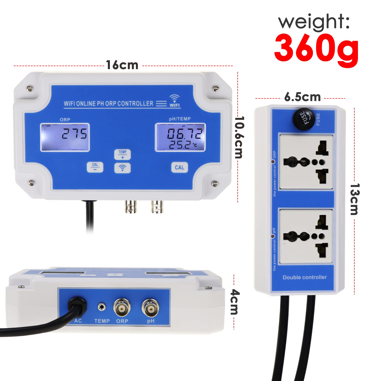 DANOPLUS Smart pH ORP Controller with Remote App Monitoring & Dosing in Water, 3 in 1 pH/ORP/Temp Meter Replaceable Probes for Hydroponics, Aquariums & Pool