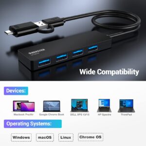 4 in 1 USB 3.0 Hub, USB 3.0 Hub 5Gbps with USB C Adapter, Portable Ultra-Slim USB Splitter USB Adapter for MacBook, iMac Pro, Mac Mini/Pro, Surface Pro, Dell, HP