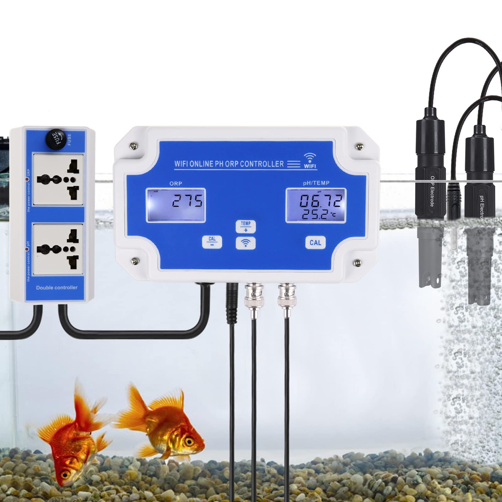 DANOPLUS Smart pH ORP Controller with Remote App Monitoring & Dosing in Water, 3 in 1 pH/ORP/Temp Meter Replaceable Probes for Hydroponics, Aquariums & Pool