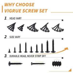 VIGRUE 420Pcs Black Screws Set #6#8#10 Phillips Black Wood Screws Assortment Kit, Sheet Metal Screws Self Tapping Screws (Flat Head,Round Head,Truss Head Screws)