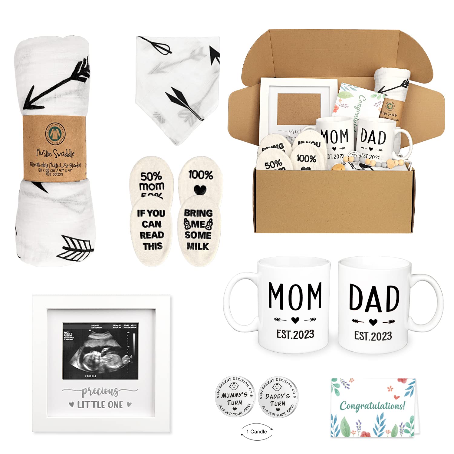 Pregnancy Gifts for New Parents Est 2023- New Mom Gifts Basket for Pregnancy Announcement, Baby Shower - Mom & Dad Mugs, Decision Coin, Ultrasound Frame, Swaddle Blanket, Bib, Socks