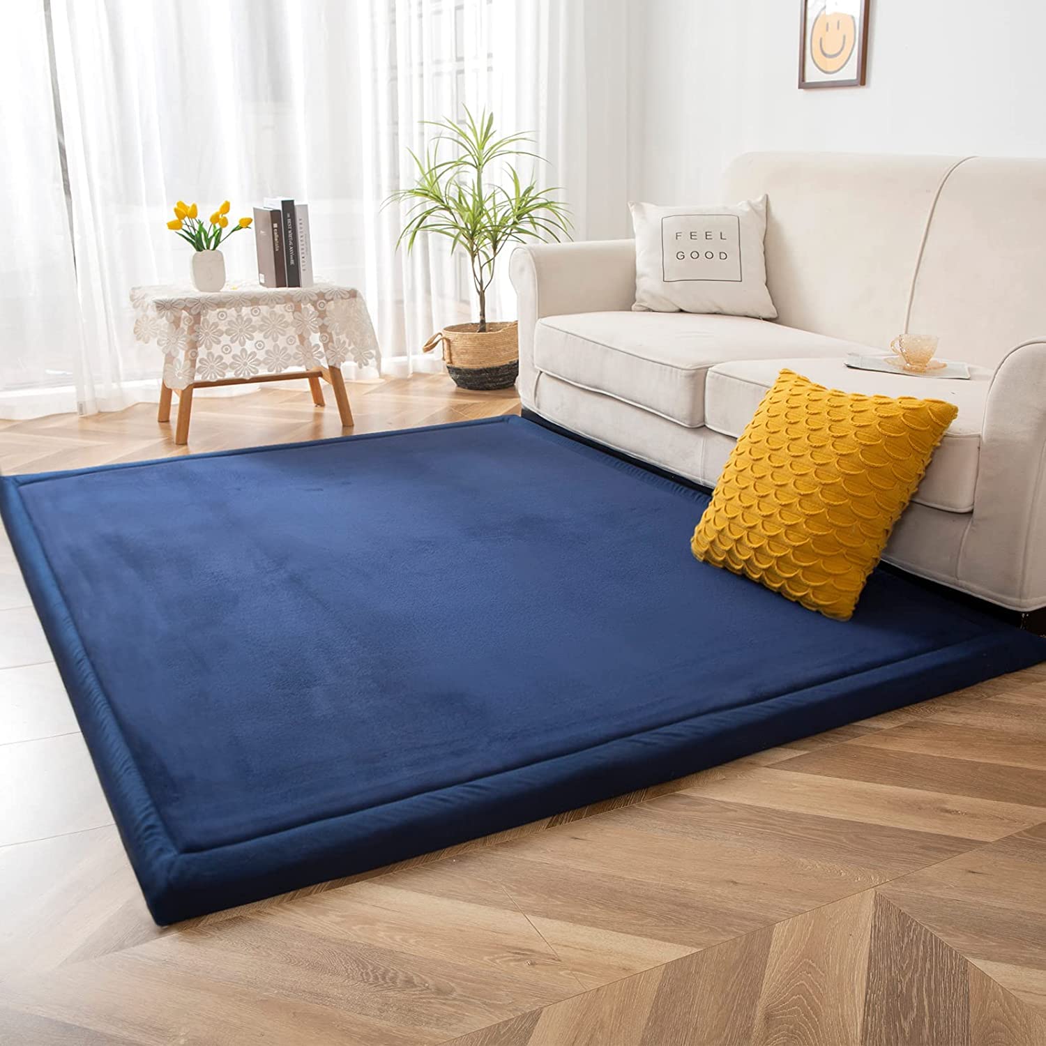 MAXYOYO Baby Play Mat, 1.2" Thick Memory Foam Soft Padded Carpet with Non-Slip Backing, 3x5 ft Japanese Tatami Rug Living Room for Kids, Toddler, Children, Nusery(Navy)