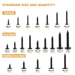 VIGRUE 420Pcs Black Screws Set #6#8#10 Phillips Black Wood Screws Assortment Kit, Sheet Metal Screws Self Tapping Screws (Flat Head,Round Head,Truss Head Screws)