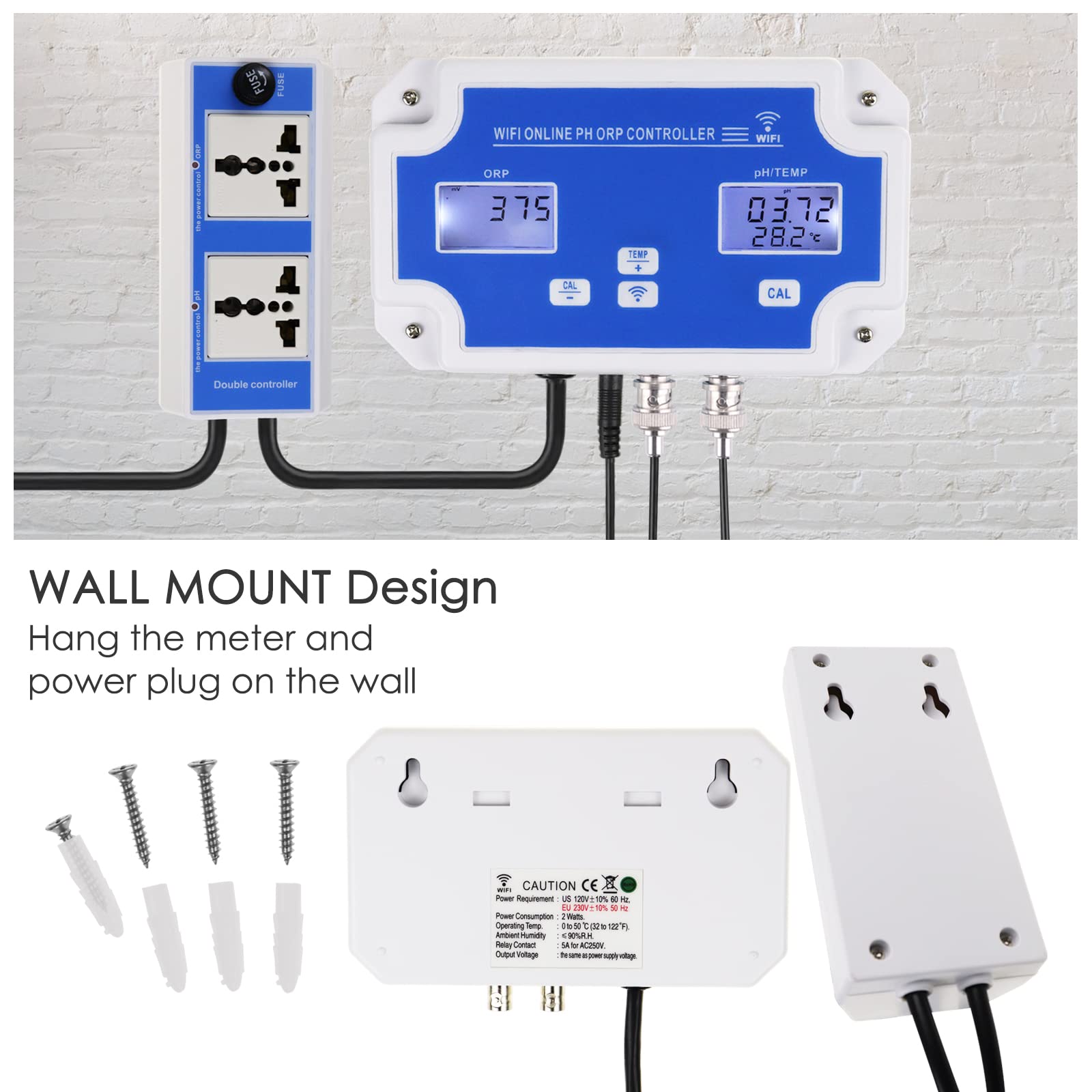 DANOPLUS Smart pH ORP Controller with Remote App Monitoring & Dosing in Water, 3 in 1 pH/ORP/Temp Meter Replaceable Probes for Hydroponics, Aquariums & Pool