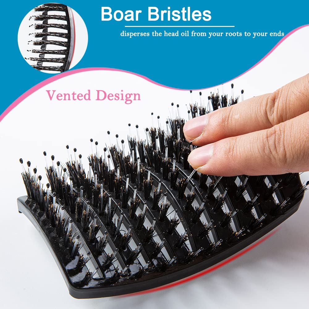 TaiBest Boar Bristle Hair Brush Set - Dry/Wet Hair Brush Detangler for Fine, Thick, Curly Hair - Curved and Vented Hair Brush for Women, Men or Kids