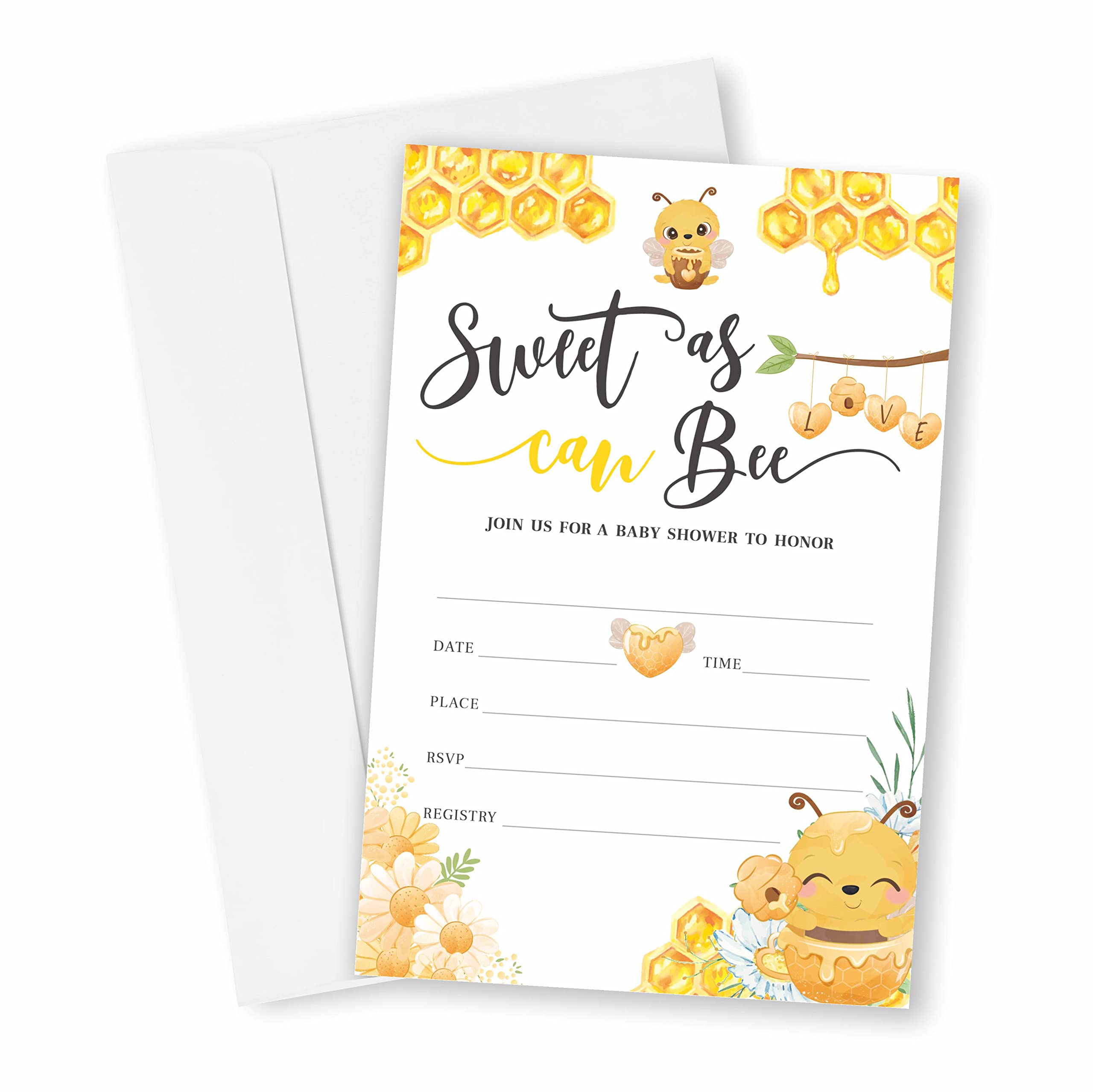 Sweet as Can Bee, Baby Shower Invitation Cards With Envelopes, Invites for Baby Showers and Parties - Pack of 25-（YQK-013）