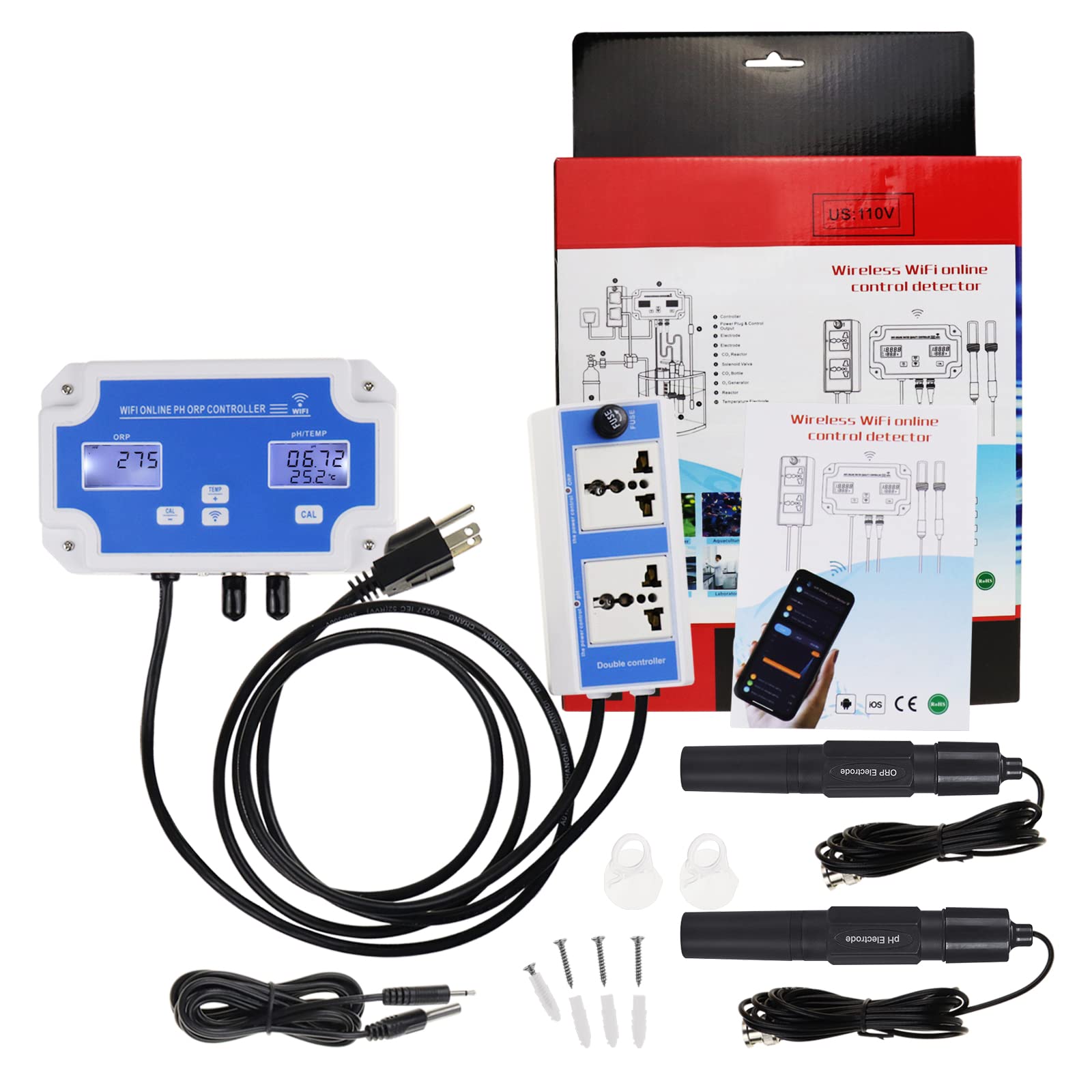 DANOPLUS Smart pH ORP Controller with Remote App Monitoring & Dosing in Water, 3 in 1 pH/ORP/Temp Meter Replaceable Probes for Hydroponics, Aquariums & Pool