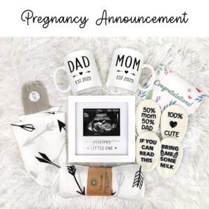 Pregnancy Gifts for New Parents Est 2023- New Mom Gifts Basket for Pregnancy Announcement, Baby Shower - Mom & Dad Mugs, Decision Coin, Ultrasound Frame, Swaddle Blanket, Bib, Socks