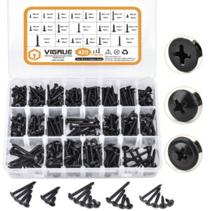 VIGRUE 420Pcs Black Screws Set #6#8#10 Phillips Black Wood Screws Assortment Kit, Sheet Metal Screws Self Tapping Screws (Flat Head,Round Head,Truss Head Screws)