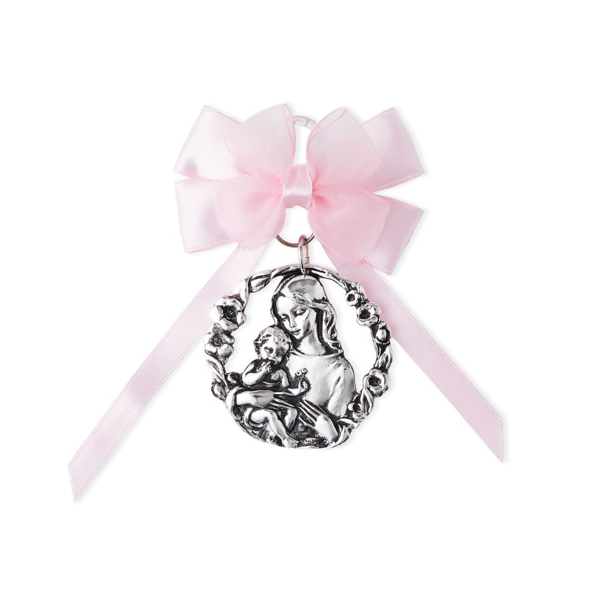 The Holy Virgin Mary and her Son, Jesus Catholic Crib Medal with Satin Ribbon. Perfect Baptism Gifts for Babies, Christening Gifts for Babies, Baby Shower and Baby Nursery Wall Decor. (Rose)