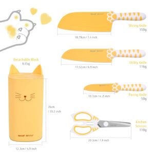 hecef Cute Kitchen Knife Set,5-piece Non-Stcik Knives Set with Detachable Block and Scissors,Sharp Kitchen Knives for Chopping, Slicing, Dicing and Cutting (Yellow)