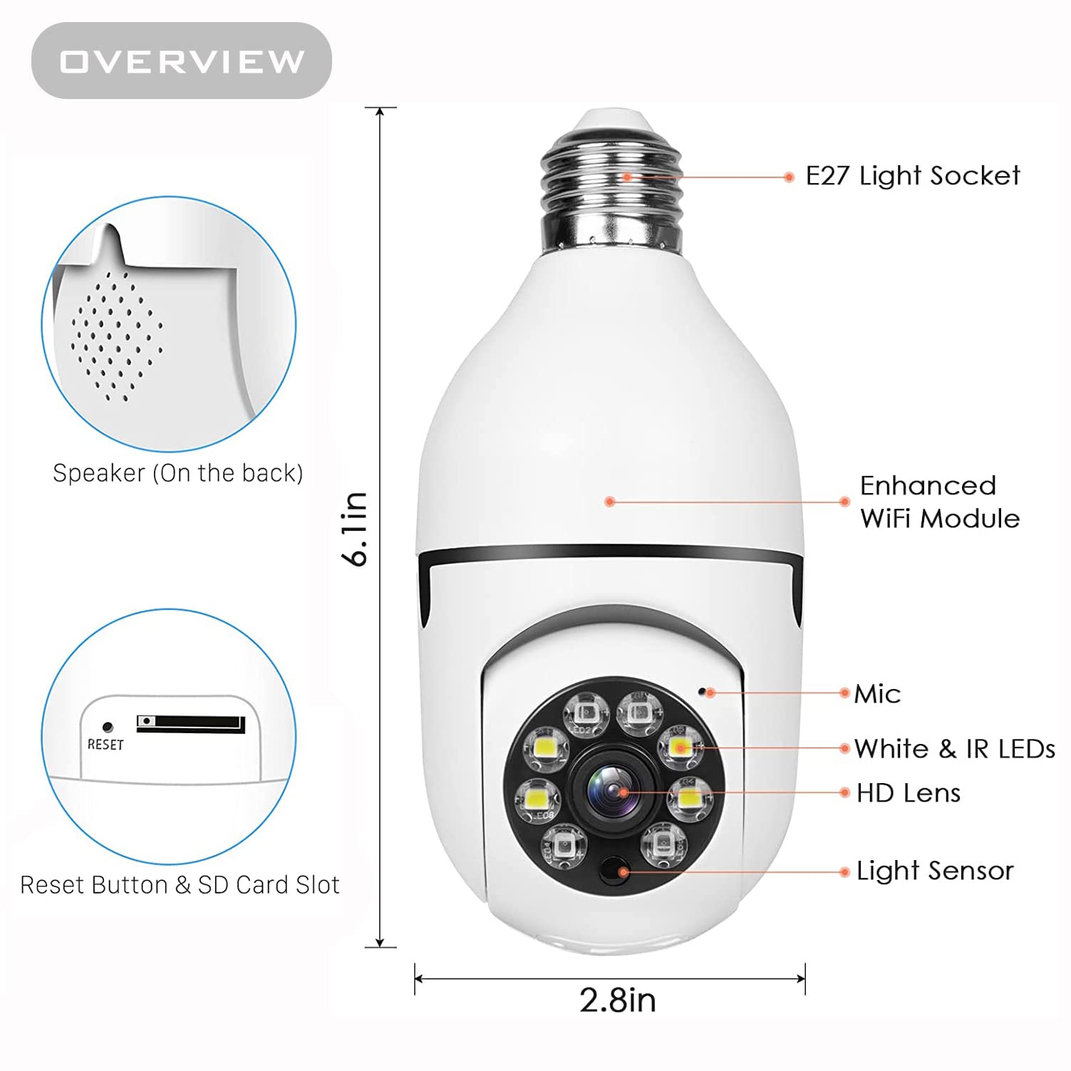 5G WiFi Light Bulb Camera, 2.4GHz & 5G 1080P E27 Light Bulb Home Security Camera, Indoor 360° PTZ Surveillace Cameras, Full Color Day and Night, Smart Motion Detection (Support 5G, 2 Pack) White