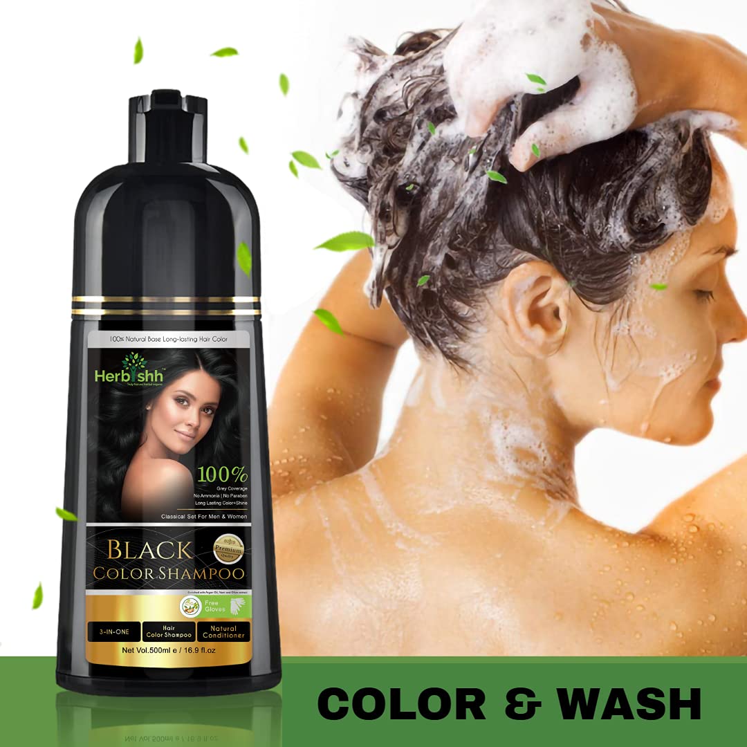 Herbishh Hair Color Shampoo Black + Moroccan Argan Hair Shampoo + Argan Hair Conditioner Kit