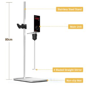 4E's USA Overhead Stirrer - 40 Liter, 50000mPas, 50~2000 RPM Variable Speed with Stand and Stirring Rod, LED Lab Stirrer Mixer with Safety Sensors and Go-Through Design for Easy Rod Adjustment