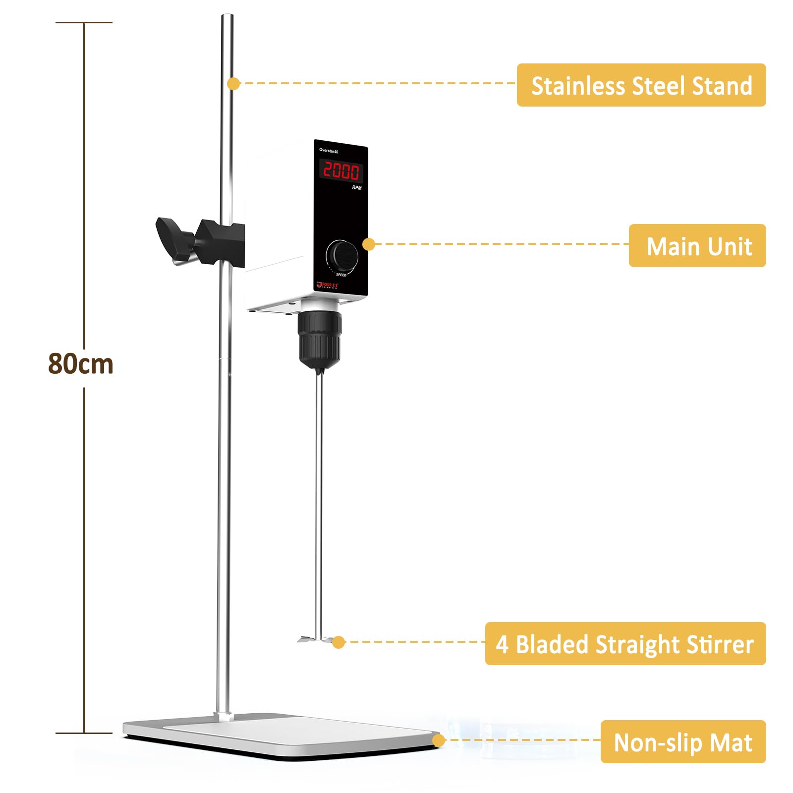 4E's USA Overhead Stirrer - 40 Liter, 50000mPas, 50~2000 RPM Variable Speed with Stand and Stirring Rod, LED Lab Stirrer Mixer with Safety Sensors and Go-Through Design for Easy Rod Adjustment