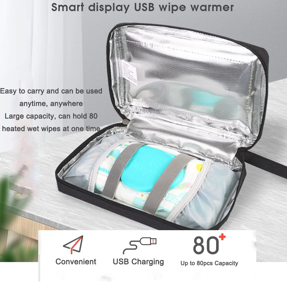 ERIQKCA Portable Car Wipes Heater Warmer, Multifunctional Baby Wet Wipes Warmer with Digital Display Screen, Home Car Dual-use Thermostat Heating Bag for Travel/Camping/Working （Black)