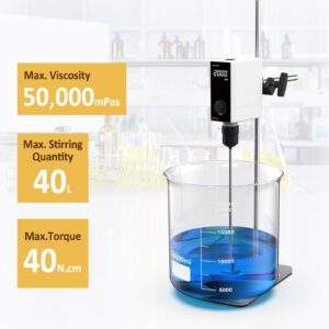 4E's USA Overhead Stirrer - 40 Liter, 50000mPas, 50~2000 RPM Variable Speed with Stand and Stirring Rod, LED Lab Stirrer Mixer with Safety Sensors and Go-Through Design for Easy Rod Adjustment