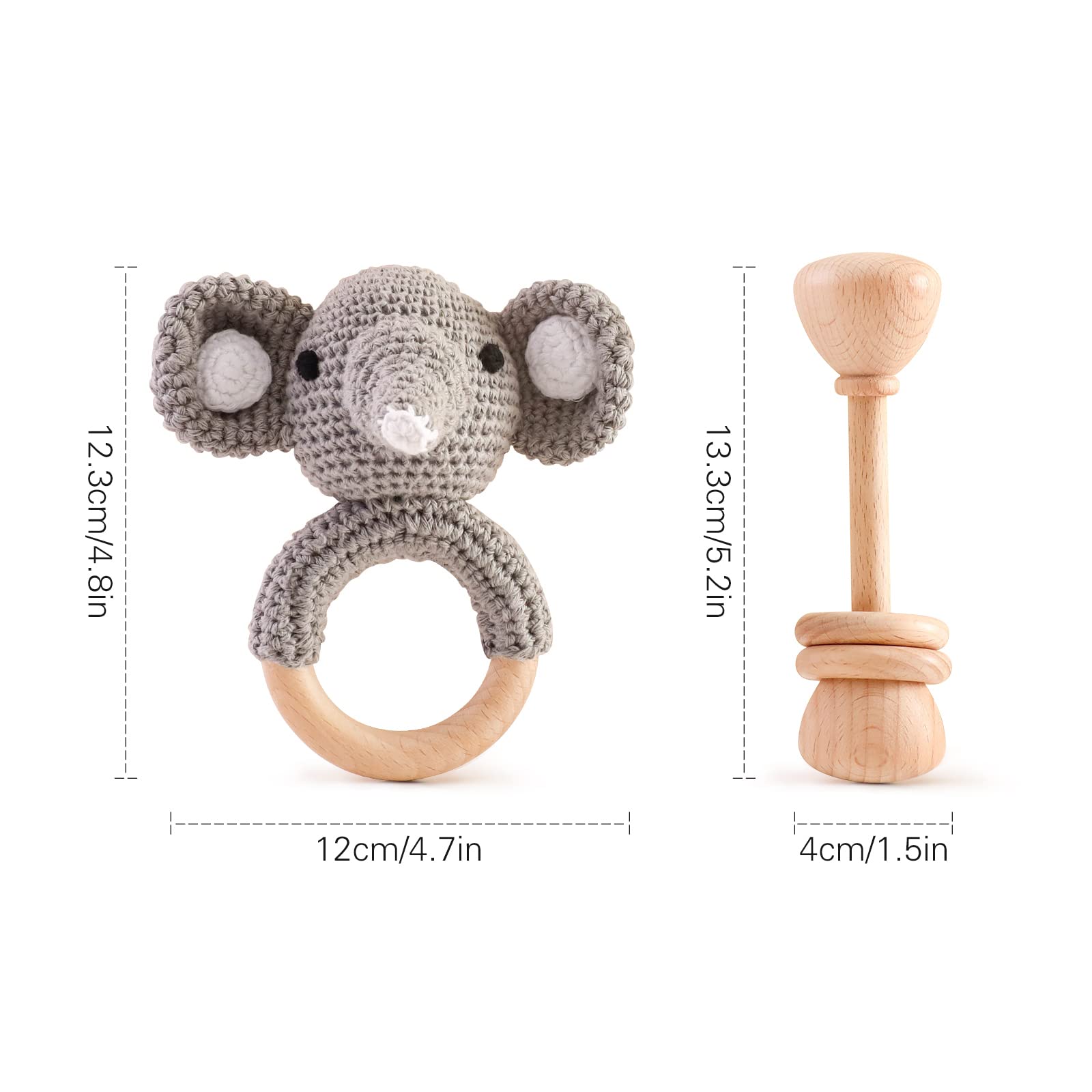 Wooden Baby Rattle Crochet Elephant and Wooden Rattle Baby Toys Set 2pcs Handmade Newborn Toy Early Development Grips Stuffed Animal Organic Rattle (Elephant Set)