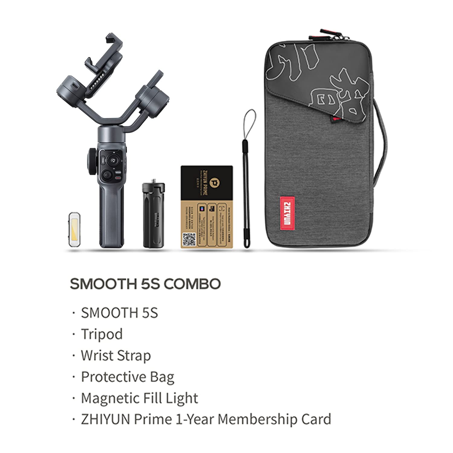 Zhiyun Smooth 5S Phone Gimbal, 3-Axis Smartphone Stabilizer with Built-in and Magnetic Fill Light, AI Face Tracking for iPhone and Android, YouTube TikTok Video, Gray Combo