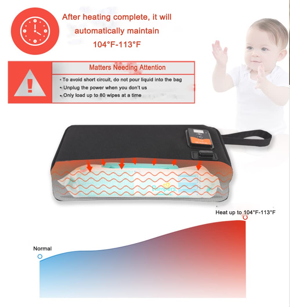 ERIQKCA Portable Car Wipes Heater Warmer, Multifunctional Baby Wet Wipes Warmer with Digital Display Screen, Home Car Dual-use Thermostat Heating Bag for Travel/Camping/Working （Black)