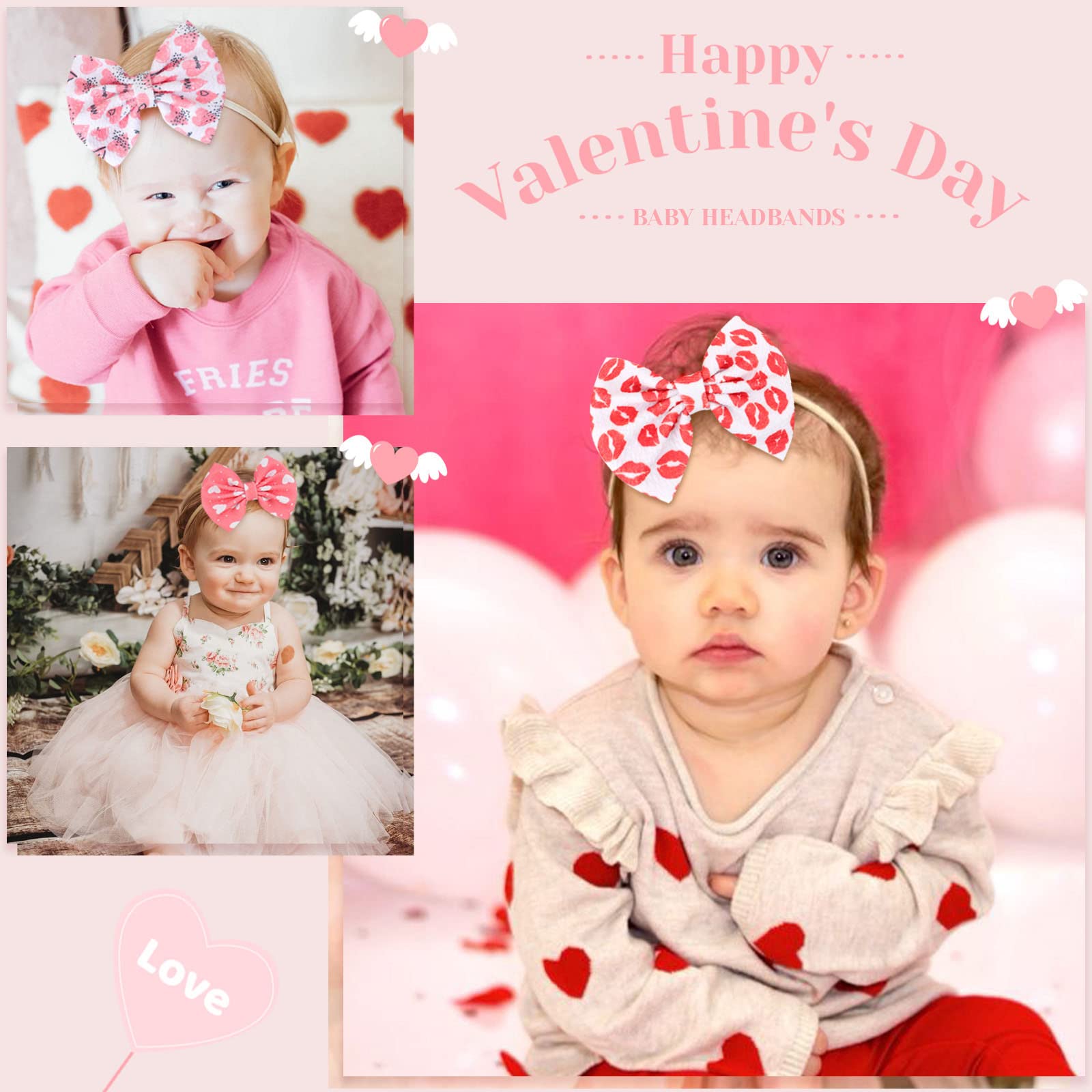 NCMAMA Valentine's Day Baby Headbands Pink Red Love Heart Printed Elastic Nylon Valentines Hairbands for Baby Girls Newborn and Infant 3 Pcs (Valentine's Day- A)