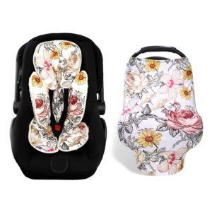 floral car seat insert,cushion for stroller, swing, bouncer, 2-in-1 reversible,baby car seat cover girls, infant carseat canopy