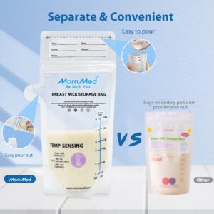 MomMed Breastmilk Storage Bags, Leak Proof Milk Storage Bags for Breastfeeding, Temp-Sensing Discoloration Disposable Breast Milk Bag with Pour Spout, 6 Ounce, Doubled-Sealed, BPA Free, 60Pack