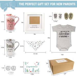 Pregnancy Gifts Est 2023-New Parents Gift Set Pregnancy Announcement-First Time New Mom Basket for Baby Shower Gender Reveal-Mom & Dad Mugs, Decision Coin, Baby Ultrasound Frame, Onesie, Bib, Socks