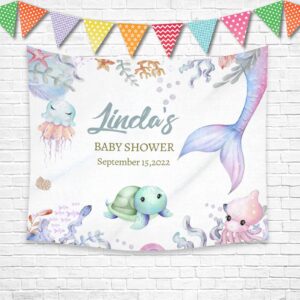 Personalized Mermaid Baby Shower Backdrop, Custom Name Date Baby Shower Backdrop for Girl, Little Mermaid Background for Girls Birthday Baby Shower Party, Mermaid Baby Shower Decorations