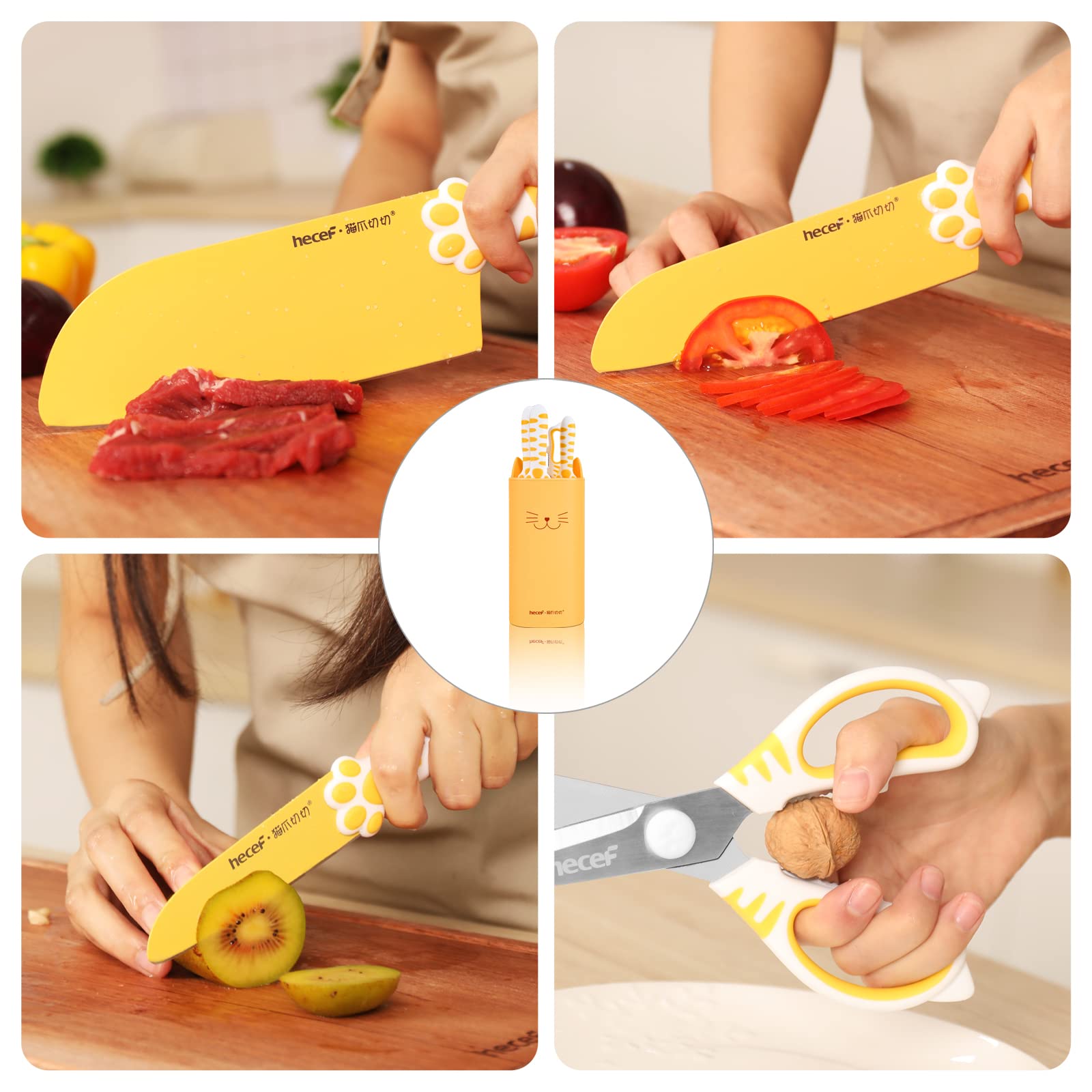 hecef Cute Kitchen Knife Set,5-piece Non-Stcik Knives Set with Detachable Block and Scissors,Sharp Kitchen Knives for Chopping, Slicing, Dicing and Cutting (Yellow)