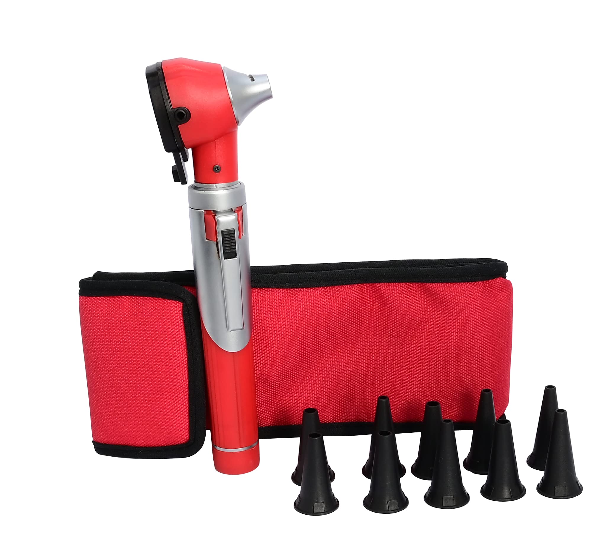 OdontoMed2011 Otoscope - Portable Ear Light and Exam Kit for Home and Professional Use - 3X Magnifying Fiber Optic Scope with Spare Tips, Bulb, and Carrying Case - Pocket Diagnostic Equipment (Red)