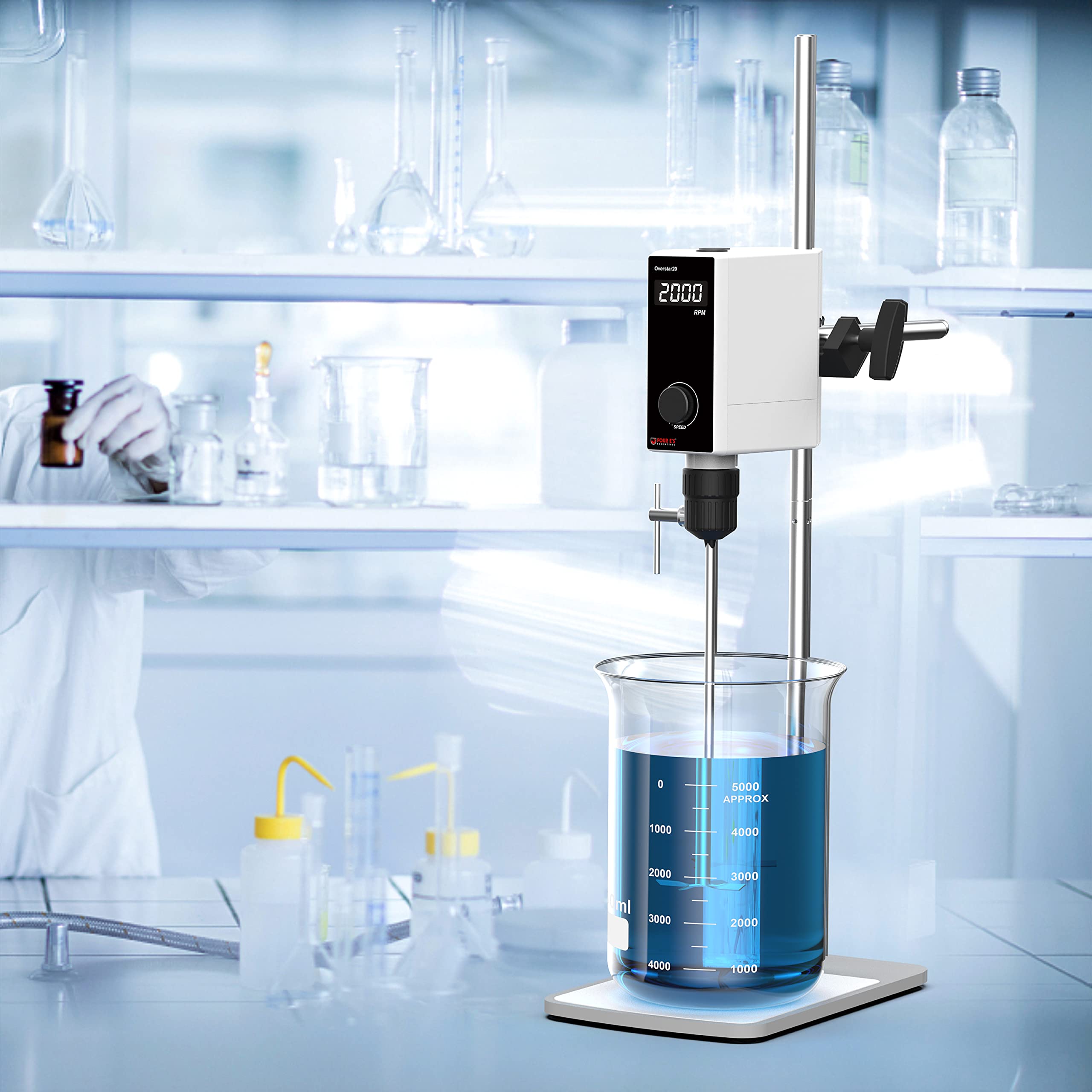 4E's USA Overhead Stirrer - 40 Liter, 50000mPas, 50~2000 RPM Variable Speed with Stand and Stirring Rod, LED Lab Stirrer Mixer with Safety Sensors and Go-Through Design for Easy Rod Adjustment