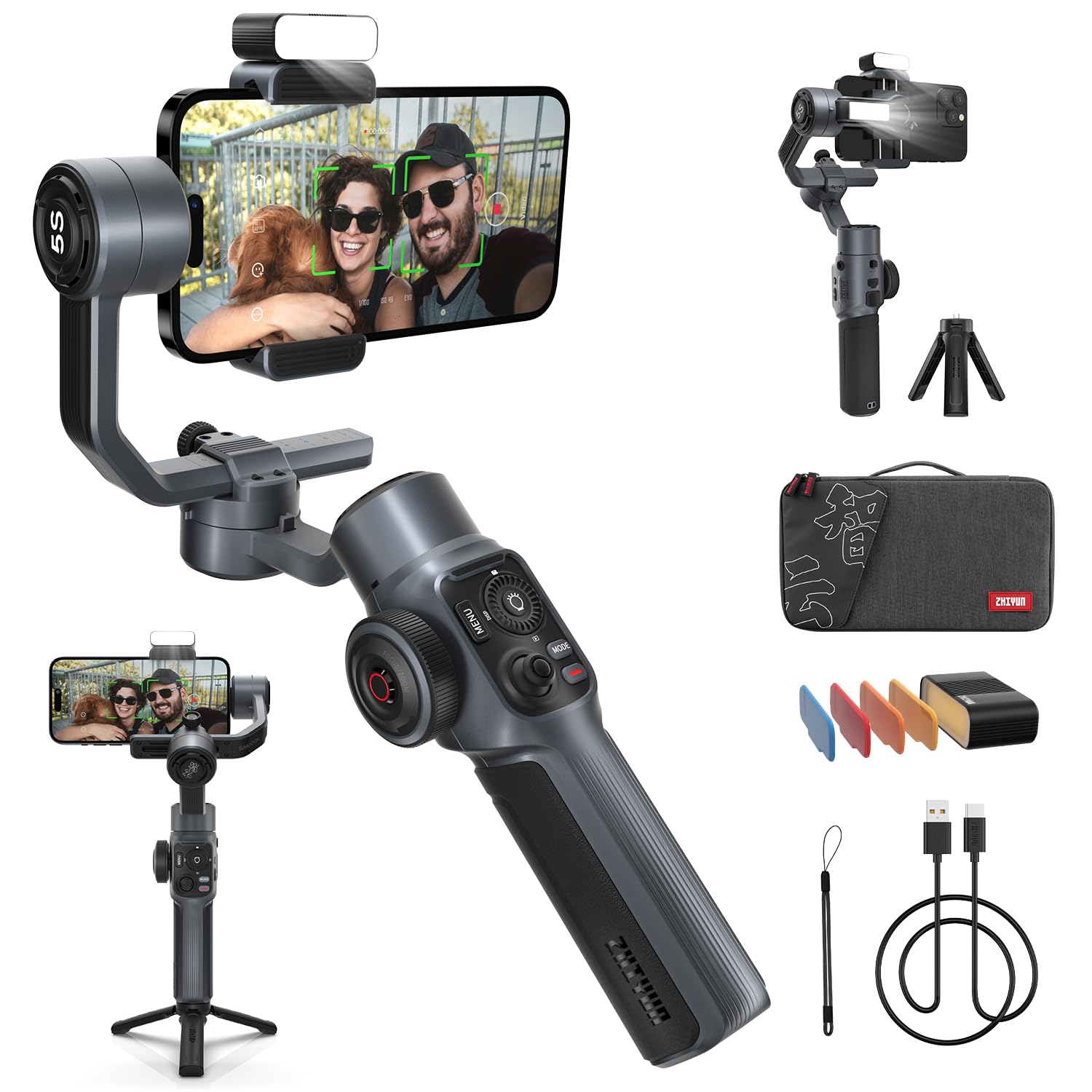 Zhiyun Smooth 5S Phone Gimbal, 3-Axis Smartphone Stabilizer with Built-in and Magnetic Fill Light, AI Face Tracking for iPhone and Android, YouTube TikTok Video, Gray Combo