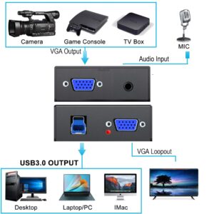 VGA Capture Card, VGA to USB Capture Device with VGA Loopout, Mic Input Support HD 720P Video for Gaming, Streaming, Teaching, Video Conference, Live Broadcasting