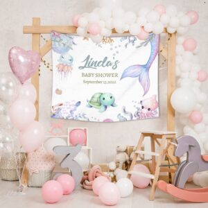 personalized mermaid baby shower backdrop, custom name date baby shower backdrop for girl, little mermaid background for girls birthday baby shower party, mermaid baby shower decorations