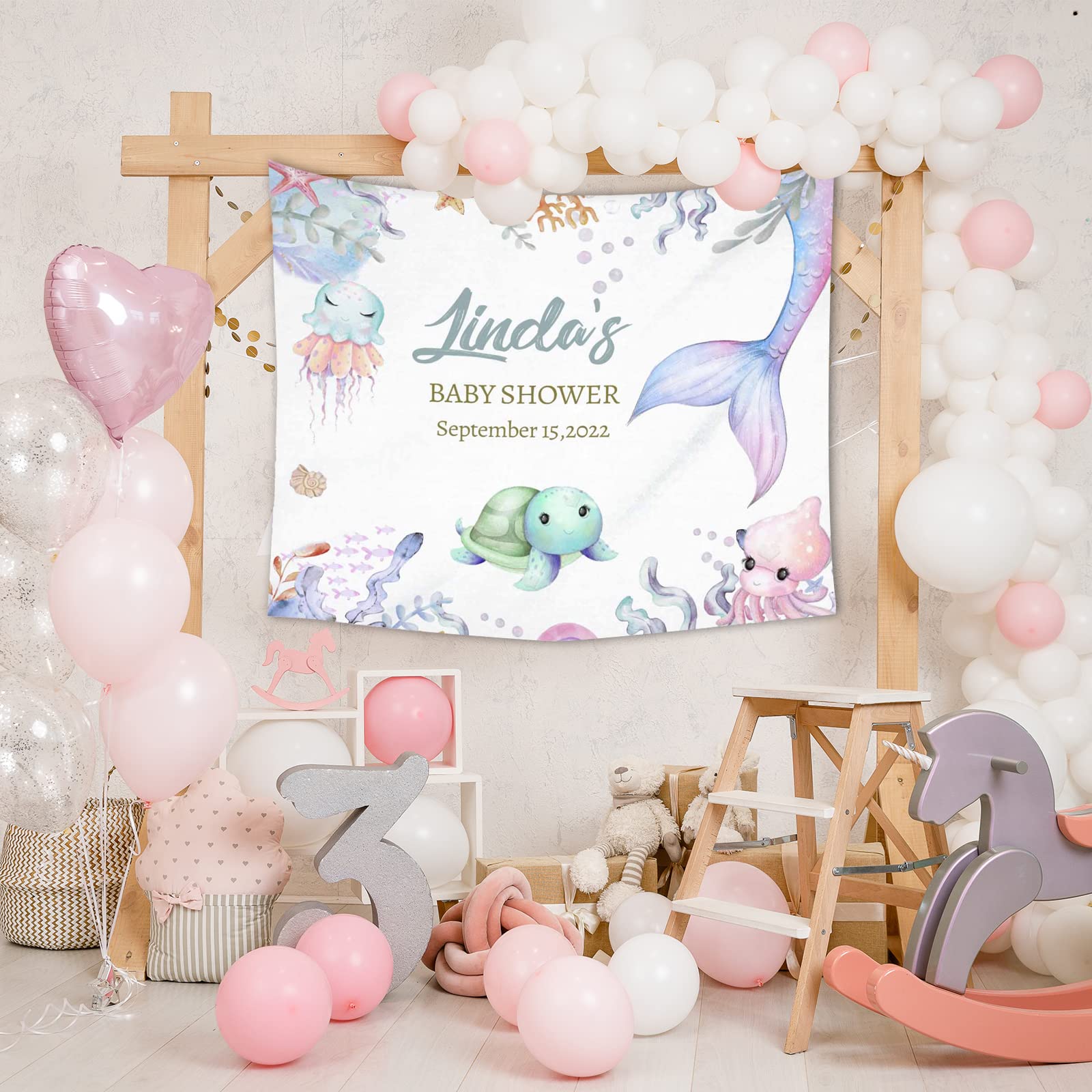 Personalized Mermaid Baby Shower Backdrop, Custom Name Date Baby Shower Backdrop for Girl, Little Mermaid Background for Girls Birthday Baby Shower Party, Mermaid Baby Shower Decorations