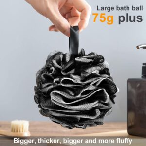 Loofah Charcoal Bath Shower Sponge Body Scrubber,75g XL Exfoliate Mesh Pouf Shower Bouquet,3 Pack Black Large Bath Sponge for Women and Men