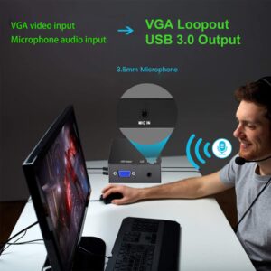 VGA Capture Card, VGA to USB Capture Device with VGA Loopout, Mic Input Support HD 720P Video for Gaming, Streaming, Teaching, Video Conference, Live Broadcasting