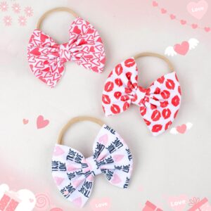 NCMAMA Valentine's Day Baby Headbands Pink Red Love Heart Printed Elastic Nylon Valentines Hairbands for Baby Girls Newborn and Infant 3 Pcs (Valentine's Day- A)